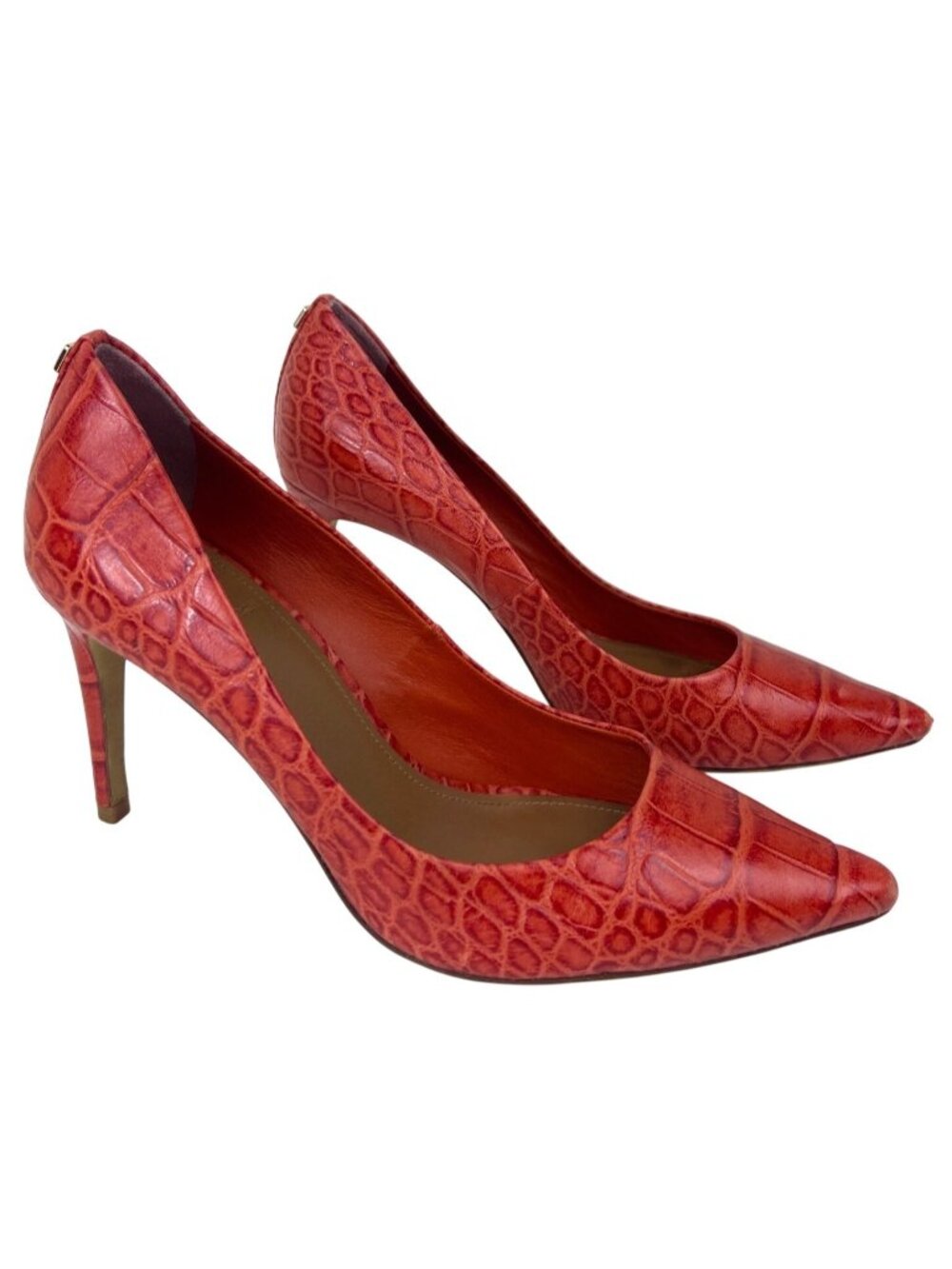 Tory Burch Pointed Toe Heels Sz 7M Red Orange Croc Embossed Leather Pumps Chic